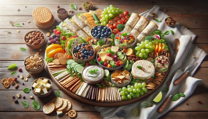 Assorted no-cook meal platter with salads, wraps, and snacks on a rustic table.