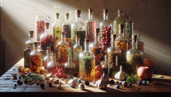 A collection of vinegar bottles infused with herbs and fruits resting on a rustic kitchen counter, illuminated by sunlight.