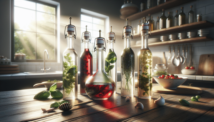 Elegant glass bottles of red and white wine vinegar accompanied by basil and chervil on a rustic table in a sunlit kitchen.