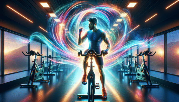 Individual entering spin class, energized by pre-workout, ready to cycle with vibrant light trails.
