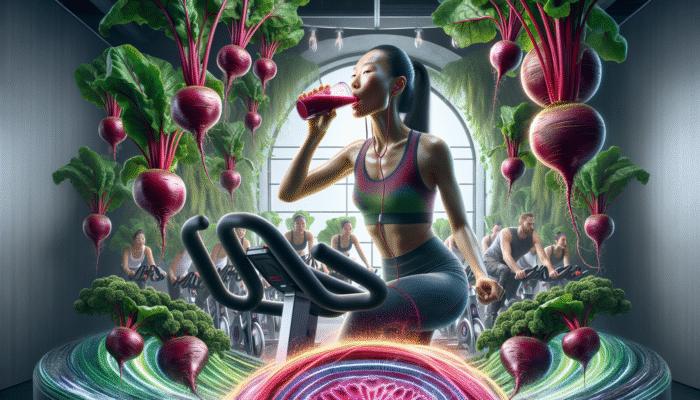 Athlete drinking beetroot juice, surrounded by beets and greenery, experiencing energy waves during spin class.