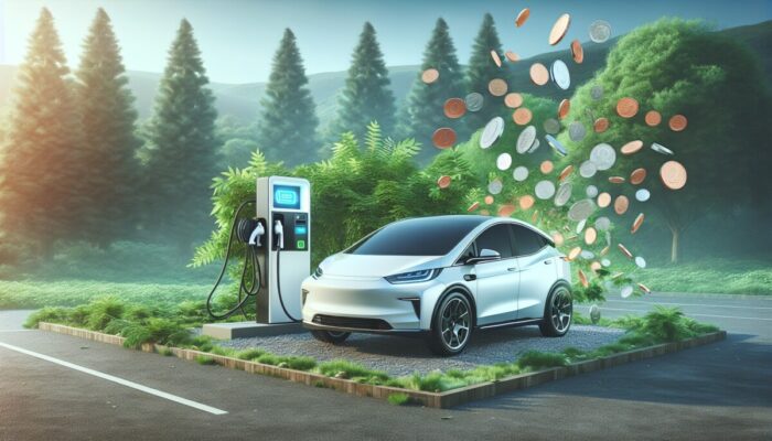 A contemporary electric vehicle at a charging station surrounded by lush greenery, showcasing significant cost savings.