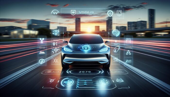 A sleek electric vehicle with a futuristic dashboard, gliding smoothly through a city as dusk descends.