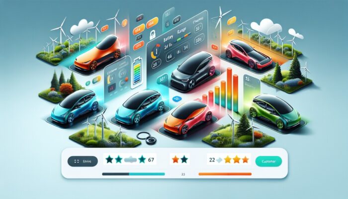 A modern website displaying electric cars with details on battery range, charging capabilities, and customer ratings.