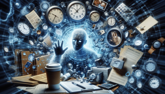 A tired individual surrounded by clocks, work, and family, reaching for an energy drink and coffee.