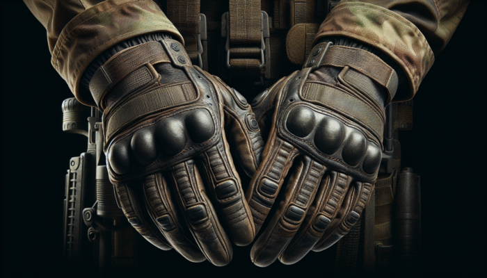 Rugged leather tactical gloves worn by a soldier, demonstrating durability and protection in a military context.