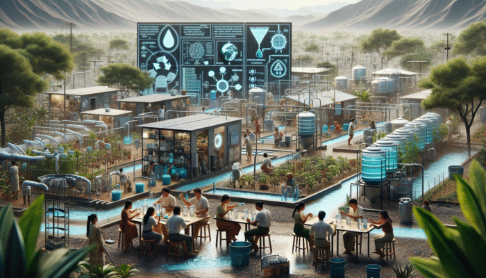 Prepper community equipped with advanced water systems including rainwater harvesting, solar distillation, and filtration units, ensuring a sustainable and safe water supply.