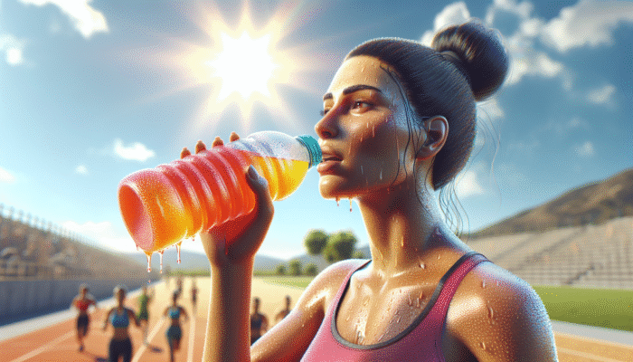 Person drinking colourful electrolyte drink, sweating in hot, sunny environment, emphasizing hydration and physical activity.