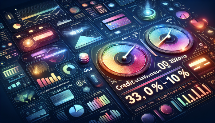 An infographic illustrating credit utilisation rates with gauges at 30% and 10%, surrounded by financial symbols.