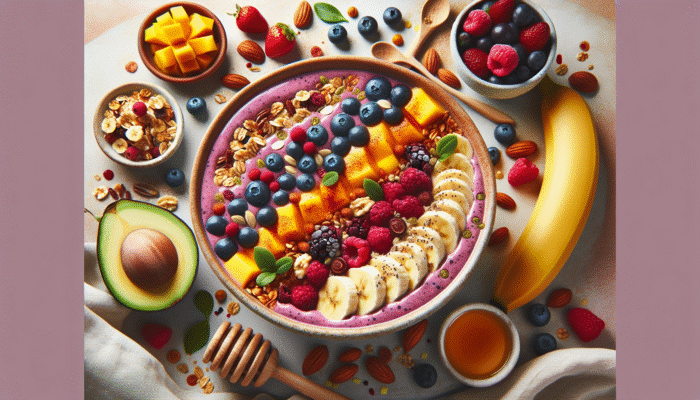 Top Recipes for Sustainable Weight Gain: Colourful smoothie bowl with granola, fruits, and honey made from bananas, berries, mangoes, nuts, seeds, avocado, and protein powder.