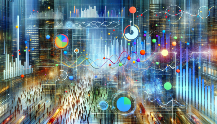 Digital dashboard displaying Google My Business Insights with graphs and charts on customer behaviour in an urban setting.