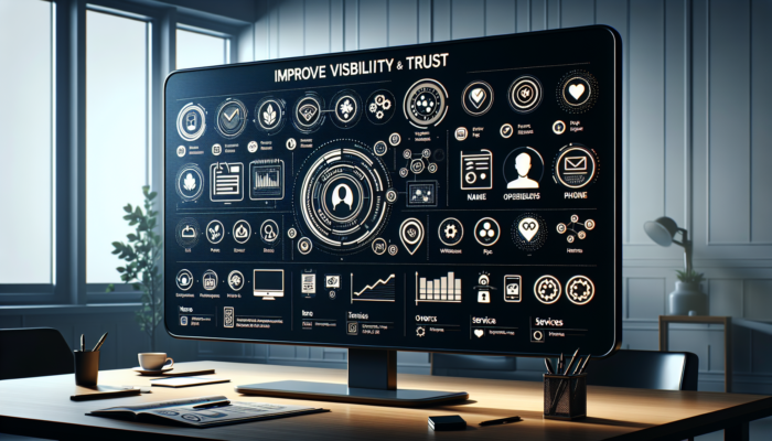 A comprehensive business profile displayed on a digital screen with icons for name, address, phone, website, hours, and services.