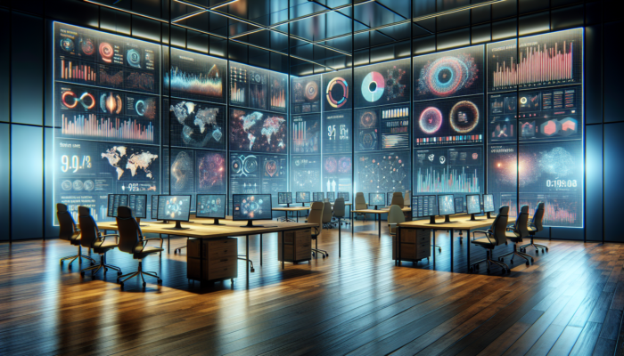 Modern office with screens displaying real-time analytics from Google Analytics and Search Console.