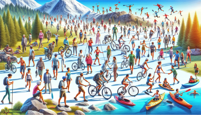 An engaging collage depicting hiking, cycling, kayaking, and rock climbing in stunning landscapes under a clear blue sky.