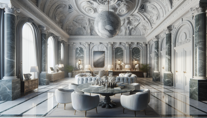 Luxurious interior showcasing Carrara, Statuario, and green marbles from Wales and Scotland, highlighting their elegance and versatility.