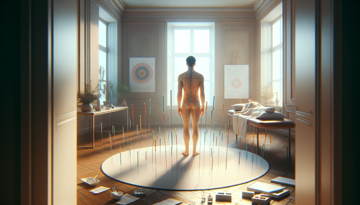 A tranquil therapy session featuring acupuncture and craniosacral touch in a softly lit environment, promoting well-being and reducing stress.