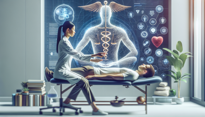 A peaceful therapy room with a CSTA-certified craniosacral therapist attending to a patient, symbolising high ethical standards.
