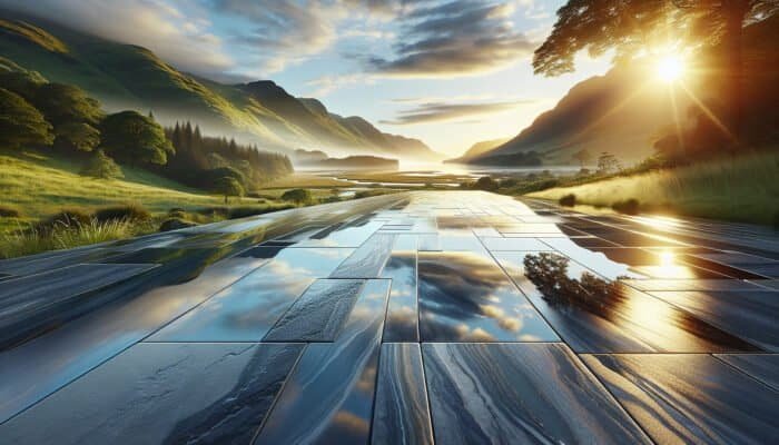 A picturesque Inverclyde landscape showcasing a luxurious waterproofed stone floor that reflects its vibrant surroundings, demonstrating durability and protection.