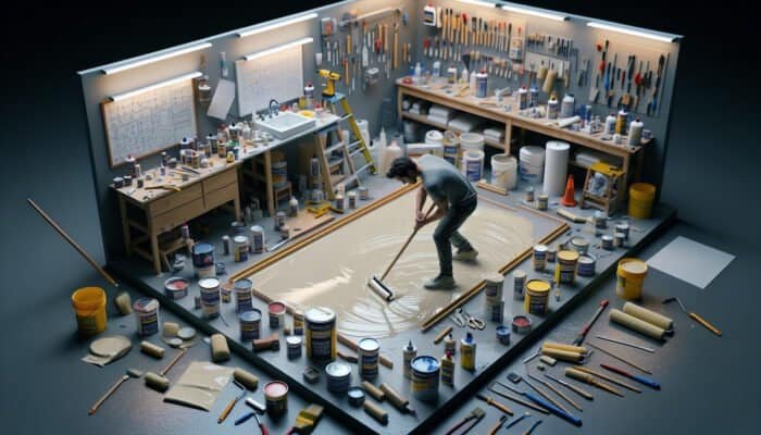Individual applying waterproof sealant using tools and materials in a well-organised workspace.