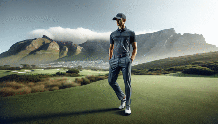 A South African golfer in stylish, functional attire on a lush green course with Table Mountain in the background.