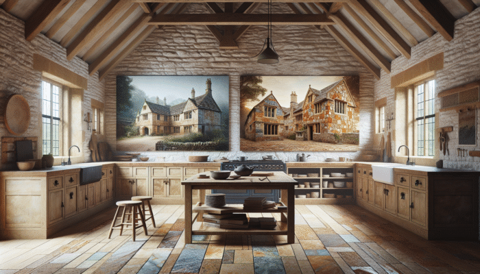 Varieties of stone in the UK: limestone featured in a Cotswold cottage, sandstone adorning a historic structure, and granite showcased in a contemporary kitchen.