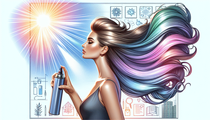 Person applying UV protection hairspray outdoors, showcasing vibrant, glossy hair under bright sunlight and a gentle breeze.