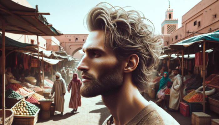 Individual with textured hair styled with matte pomade in the bustling markets of Marrakech, displaying a natural look in windy conditions.