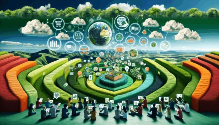 Infographic illustrating sustainable living trends, zero-waste tips, and eco-friendly product reviews with diverse consumers using digital devices.