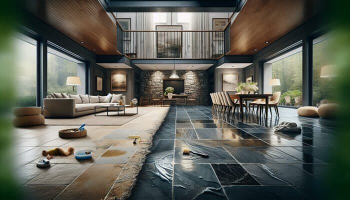 A slate floor in a bustling home, showcasing both dull areas and a polished section gleaming brightly.