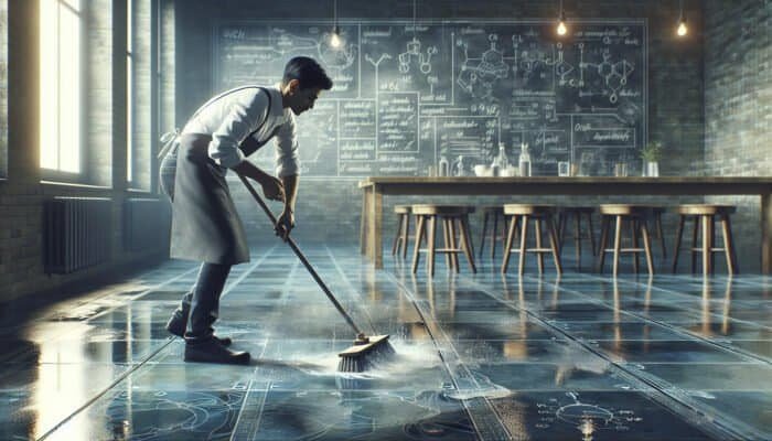 Individual cleaning slate floors with a mild solution, sweeping debris, rinsing, and preparing for polishing.
