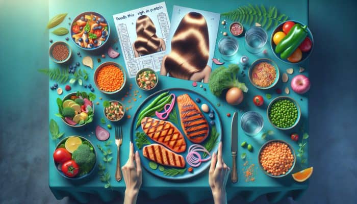 A table showcasing grilled chicken, salmon, lentils, and chickpeas, representing protein-rich foods for hair health.