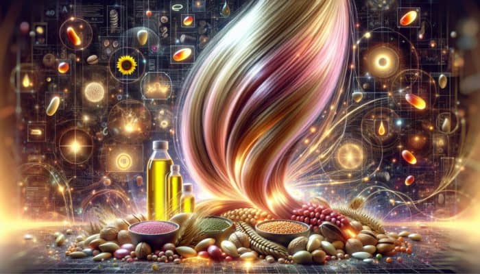 Brilliant hair strands coated in omega-6 fatty acids, alongside nuts, seeds, and bottles of oil.