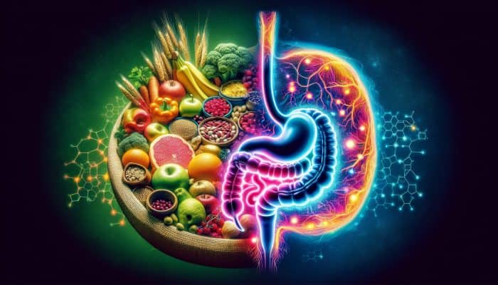 An illustration showing a vegan meal lacking B12-rich foods alongside a stomach diagram depicting malabsorption and medication effects on B12.