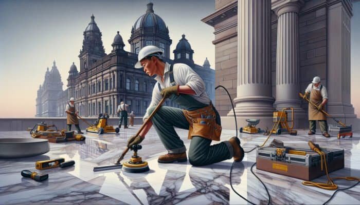Expert honing of marble floors in Dundee, showcasing a gleaming finish against the backdrop of traditional Scottish architecture.