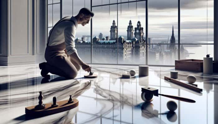 A craftsman honing marble floors to a glossy finish in Dundee, with the skyline visible.