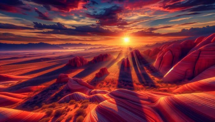 Witness the stunning sunrise at Valley of Fire State Park with its vibrant red sandstone formations.