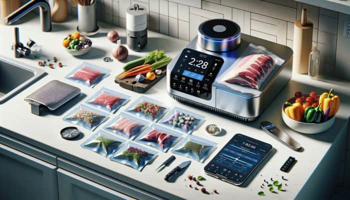 Essential sous vide cooking tools: precision cooker, vacuum-sealed bags, digital thermometer, and smartphone app displayed on a kitchen countertop.