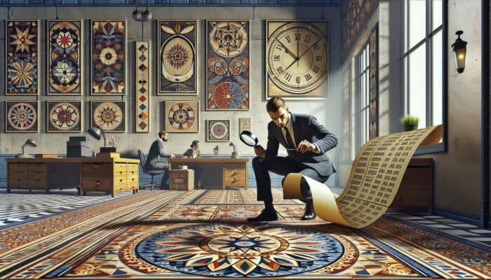 A person using a magnifying glass to scrutinise a contract, surrounded by intricate tiles and a clock, in a busy office with fee charts.