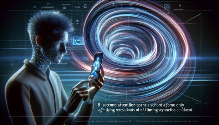 A person engaged by a lively short-form video on a smartphone amidst a sea of fleeting digital content.