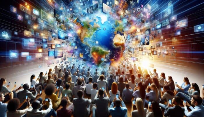 A diverse group of people from around the world using smartphones to watch and share short-form videos, illustrating digital connectivity.