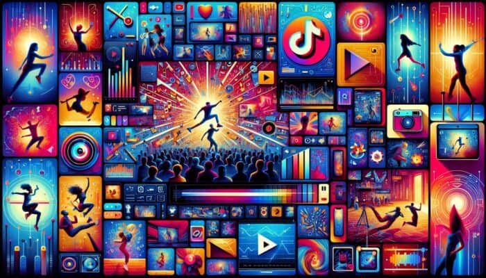 A colourful collage of short-form videos on screens, showcasing TikTok, Instagram Reels, and YouTube Shorts with distinct features.
