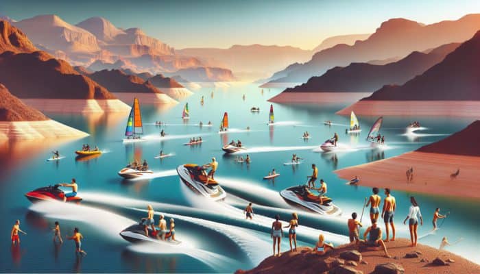 People enjoying jet skiing and paddleboarding at Lake Mead with desert scenery and clear blue skies in the background.
