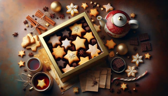A box filled with golden shortbread stars, some dipped in chocolate, accompanied by a teapot and coffee, creating a warm and festive atmosphere.