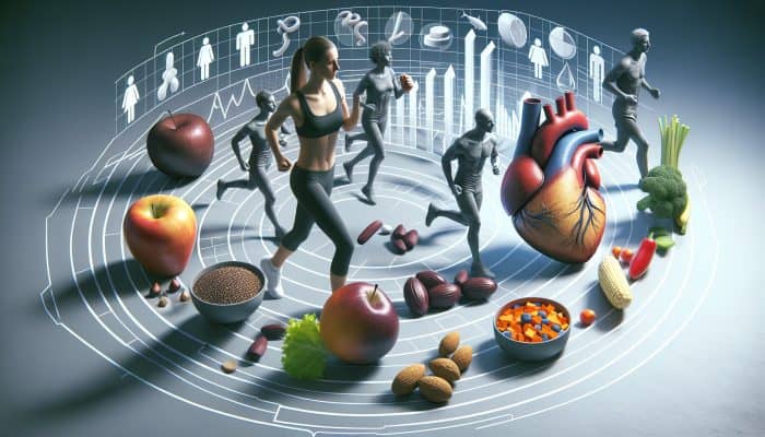 Infographic outlining diet and exercise effects on cholesterol, depicting fats, fibre, and physical activities.