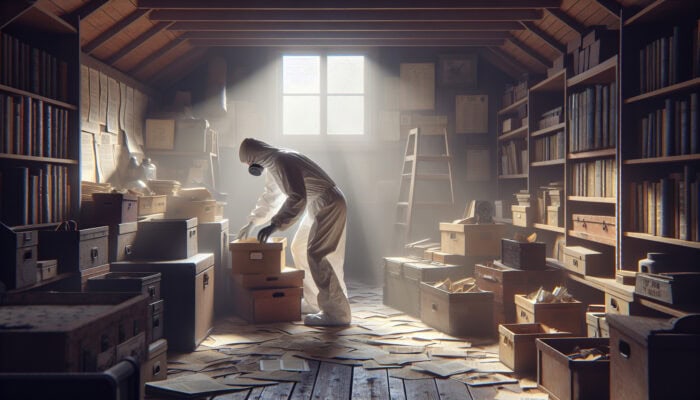 Individual in protective gear sorting through boxes and antiques in a dusty attic, with sunlight streaming through a window.