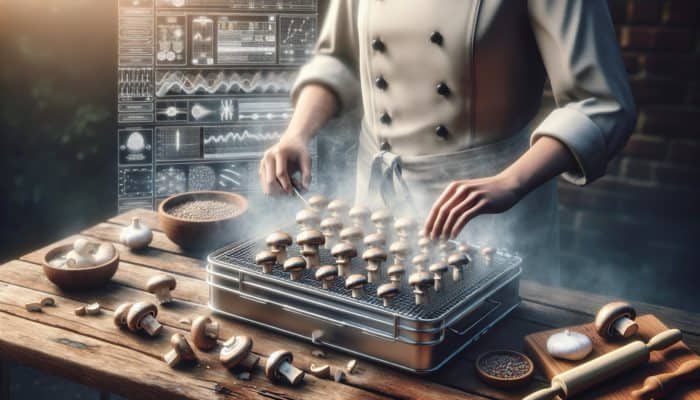A chef meticulously preparing mushrooms for smoking: slicing, seasoning, and arranging on a smoker rack amidst rising smoke.