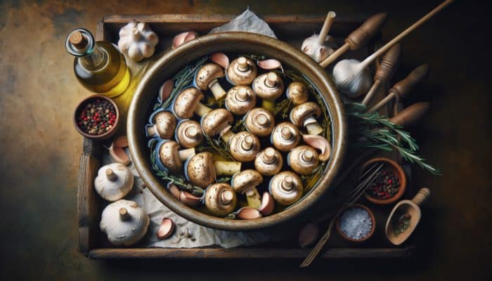 Marinated mushrooms with olive oil, garlic, and herbs like thyme and rosemary, poised for smoking.