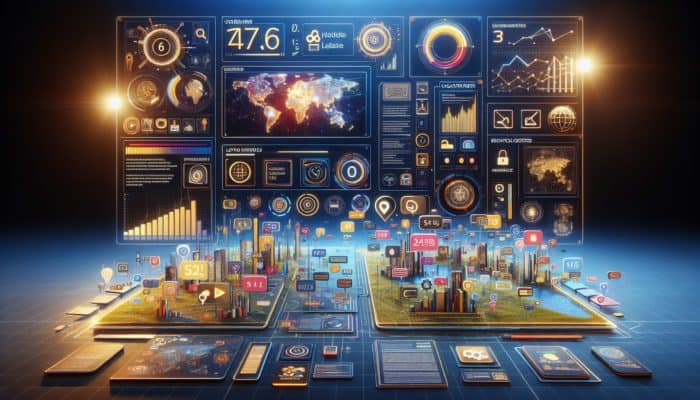 Utilising Dynamic Content for Personalized SEO A vibrant digital interface with personalized content such as reviews, location-specific offers, real-time news, and adaptive images, enhancing user engagement and SEO.