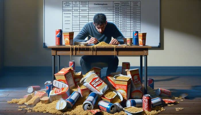 A fatigued UK worker surrounded by cluttered desk with instant noodles, fast food, and energy drinks, facing nutritional challenges due to extended hours.
