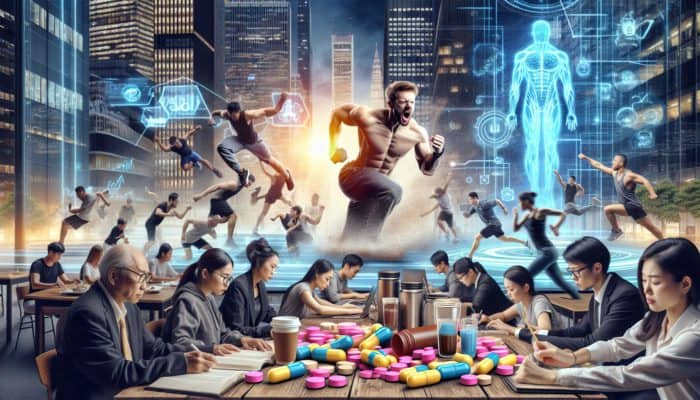 Caffeine supplements in pills, powders, and drinks energising people in a Tokyo gym and Copenhagen study space.